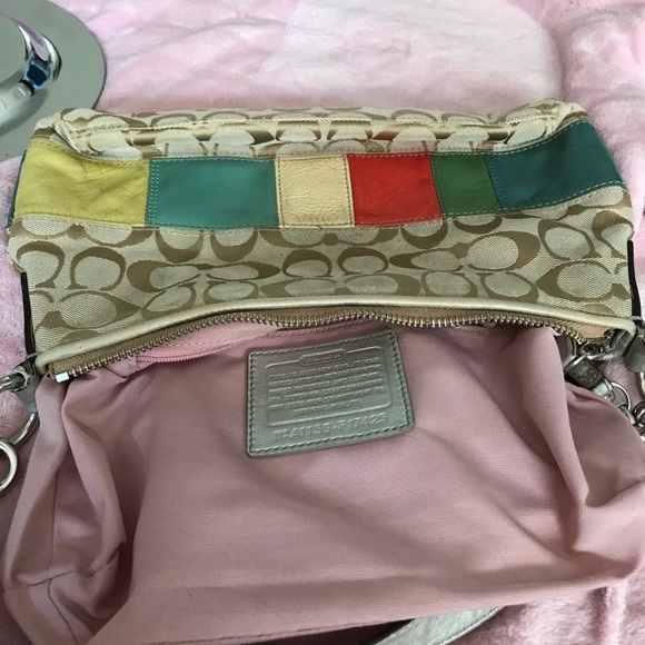 Coach tan signature C with patent leather multi colored stripes hobo bag - Picture 3 of 7